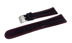 Bracelet montre chrono-barrettes noir surpiqure rouge.Disp.de 18 à 24mm