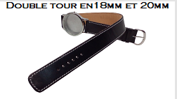 Bracelet montre 2 tour noir cousu a blanc - disponible en 18 et 20mm